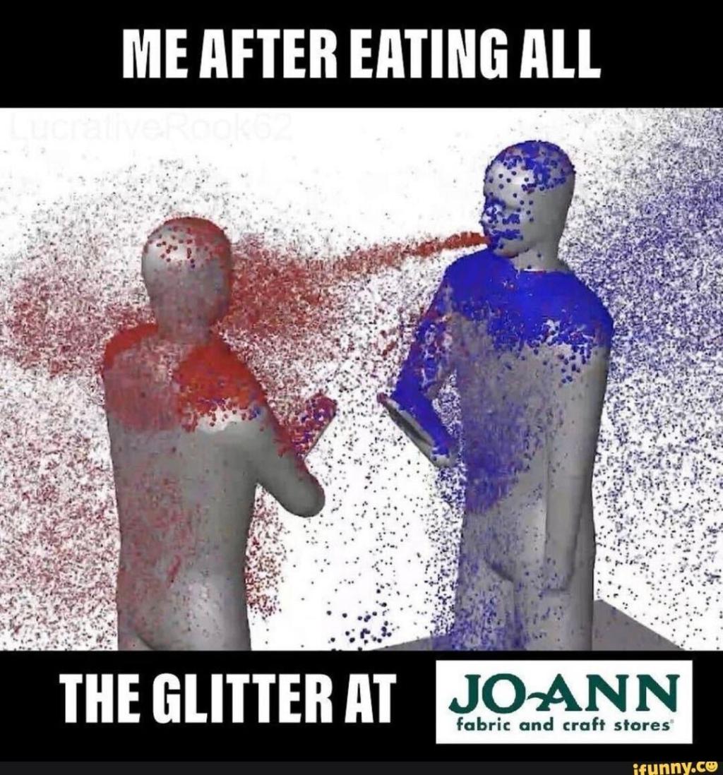 A simulation model of two human models facing each other: the one on the right spraying red particles at the one to the left and the one to the left spraying blue particles to the one to the right with the text "Me after eating all the glitter at JoAnn"