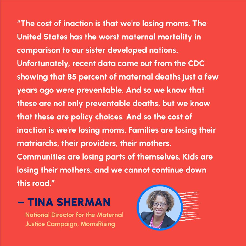 Tina Sherman of MomsRising quote on preventing maternal mortality in the U.S.
