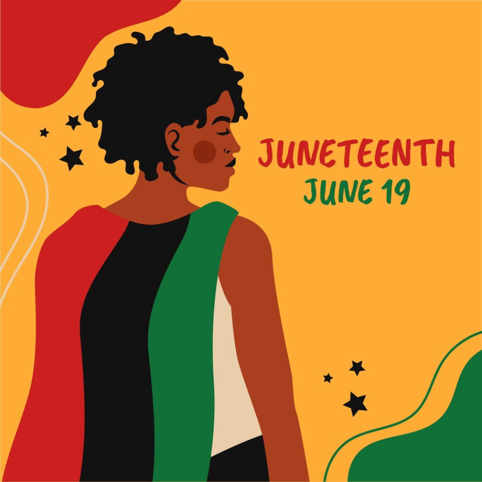 Illustration of woman wearing a red, black, and green cape. Juneteenth, June 19