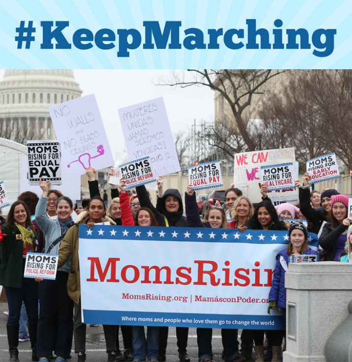 [IMAGE DESCRIPTION: A photo of a group of MomsRising supporters marching with a MomsRising banner]