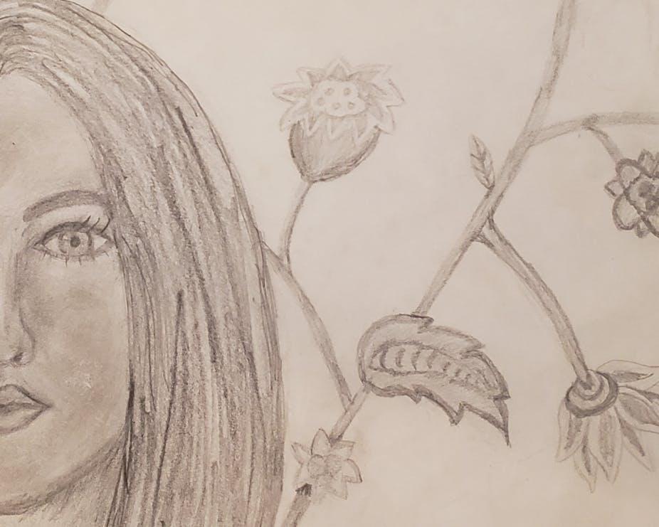 [IMAGE DESCRIPTION: A pencil drawing of a woman; the face is close up, and there is a garden drawn behind her.]