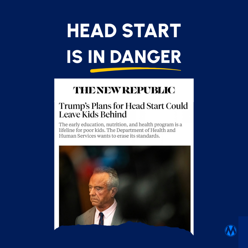 Text "Head Start is in Danger" with screenshot of The New Republic article about Head Start