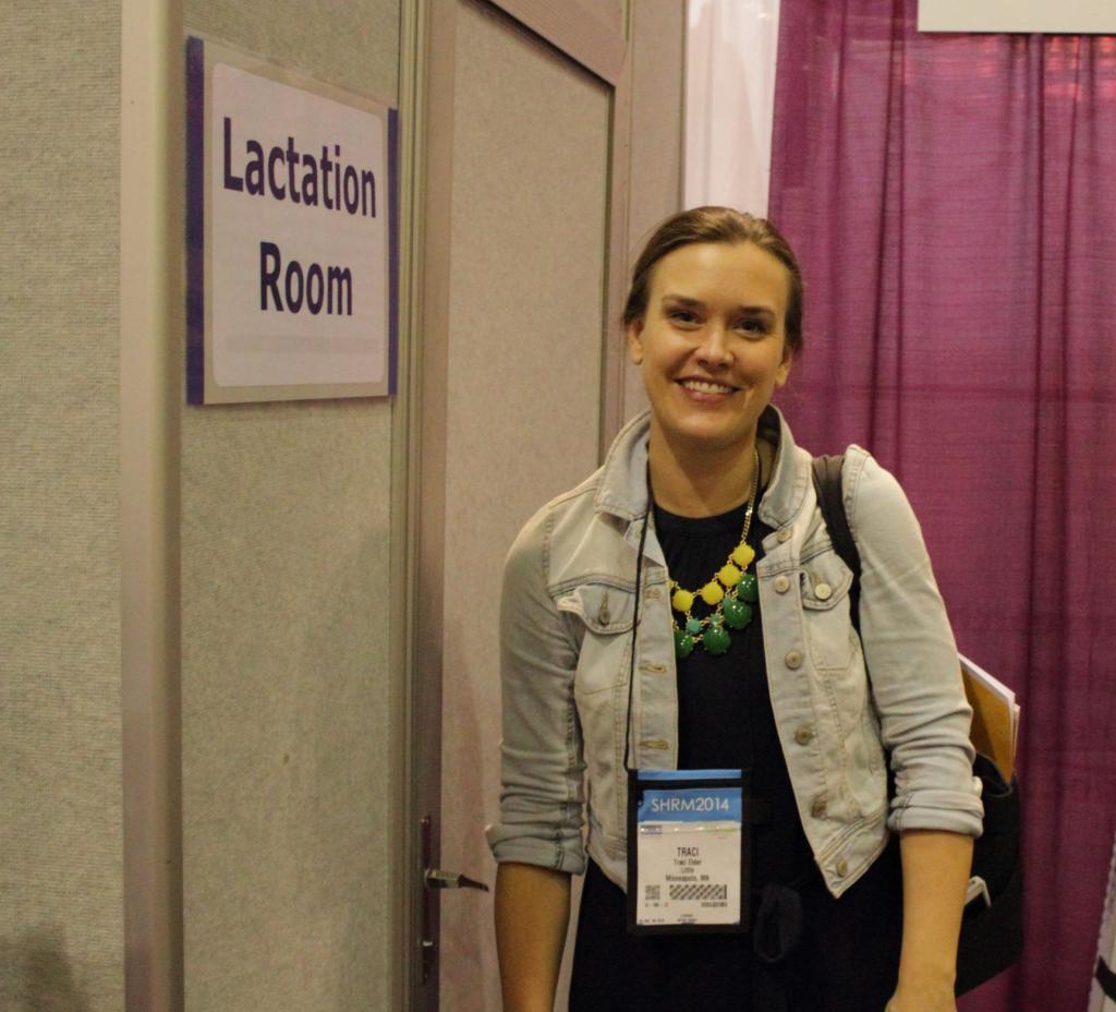 Traci Elder from Minneapolis stops by to use the lactation room.