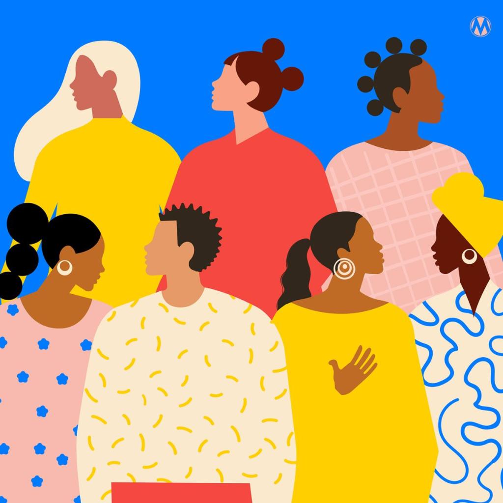 graphic of women on a blue background