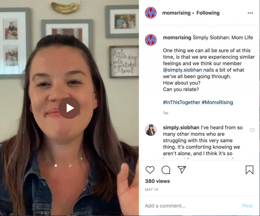 #InThisTogether Instagram post from MomsRising member Siobhan 