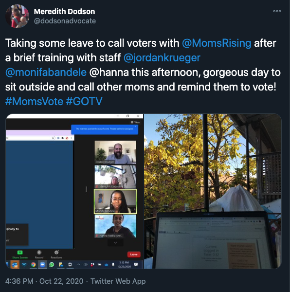 Screen capture of MomsVote volunteer Meredith Dodson tweet about phone banking