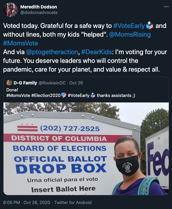 Screen capture of MomsVote volunteer Meredith Dodson tweet about submitting her ballot