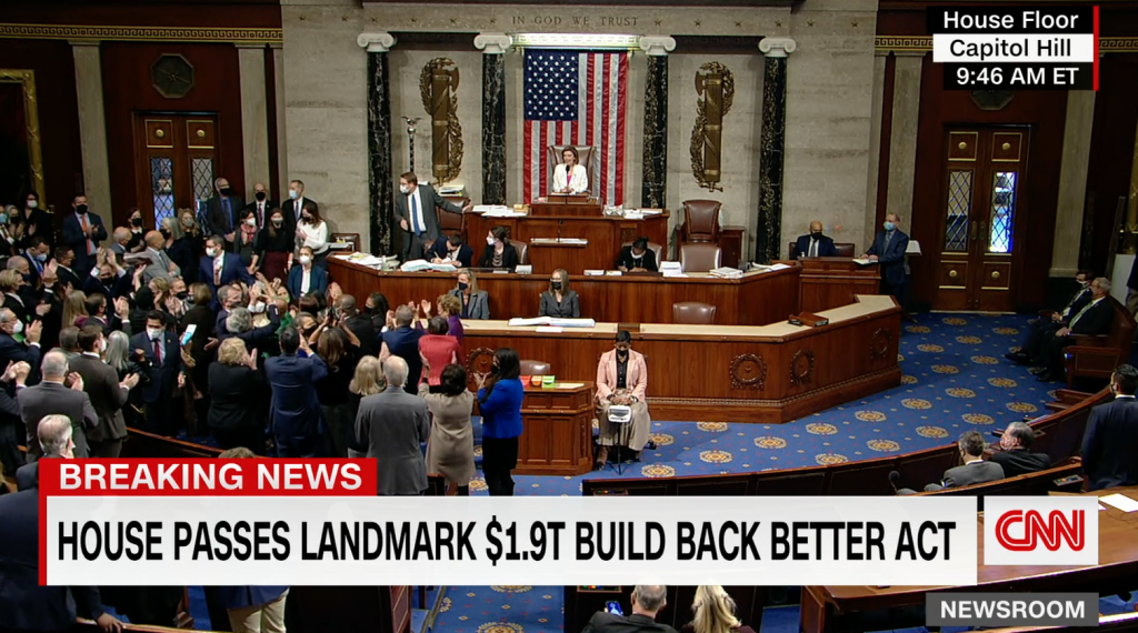 Video still of the celebration in the U.S. House after passage of the Build Back Better Act