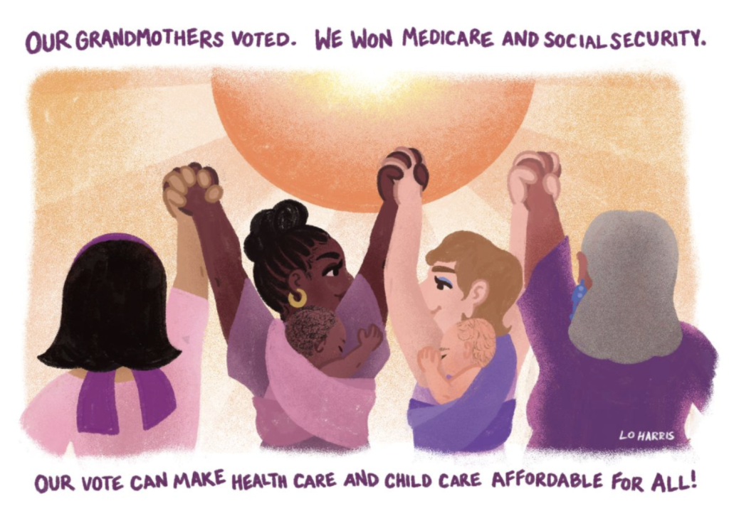 image of postcard that reads "Our grandmothers voted. We won Medicare and Social Security. Our vote can make health care and child care affordable for all!"