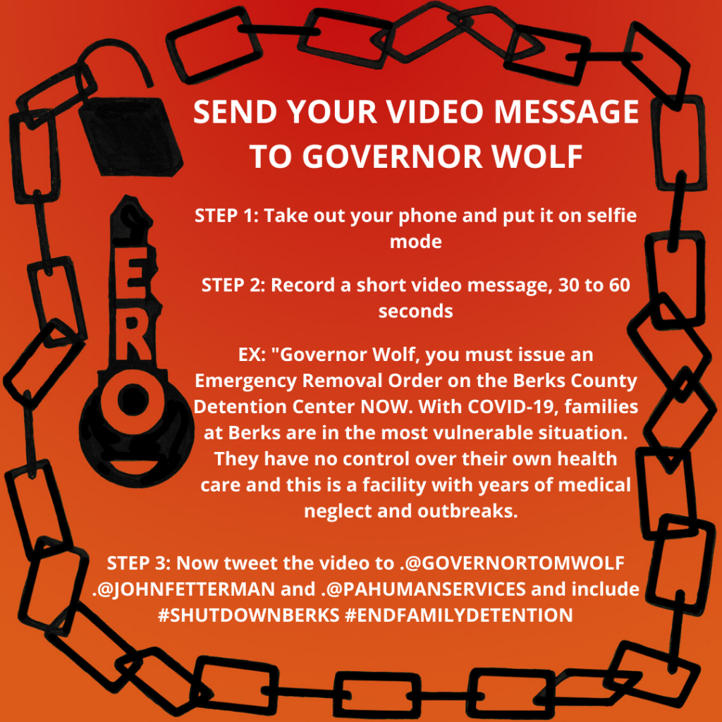 [IMAGE DESCRIPTION: A colorful graphic with instructions to send Gov. Wolf a video message to shut down Berks]
