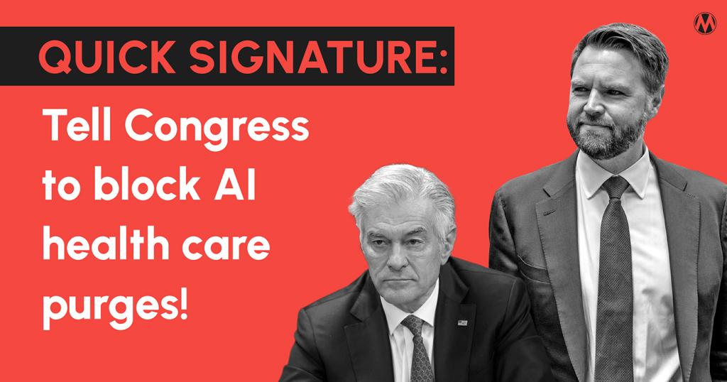 Graphic advocating against automated AI health care purges
