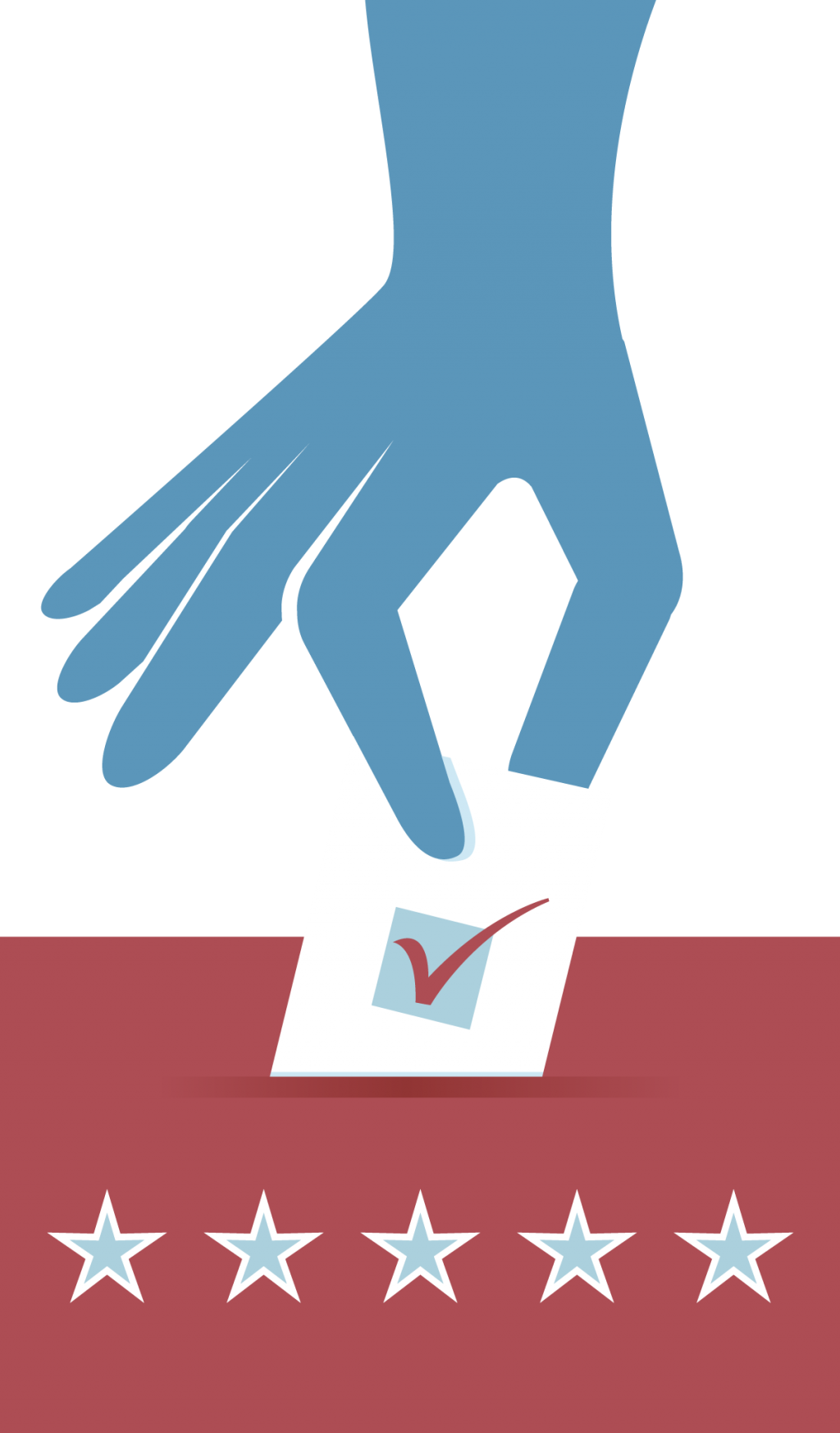 [IMAGE DESCRIPTION: A graphic image with a blue hand dropping a ballot into a red box with stars along the bottom.]