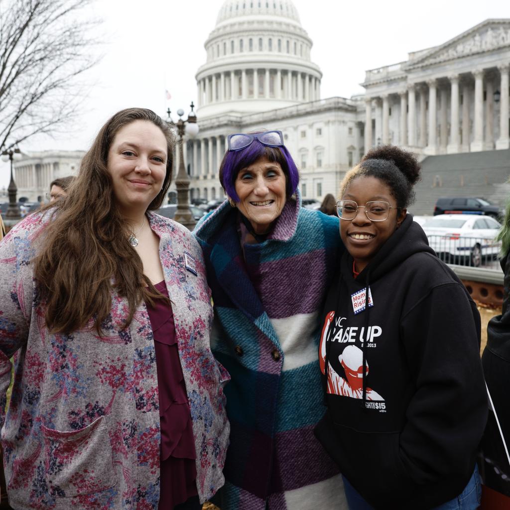 MomsRising members with Connecticut Congresswoman Rosa DeLauro