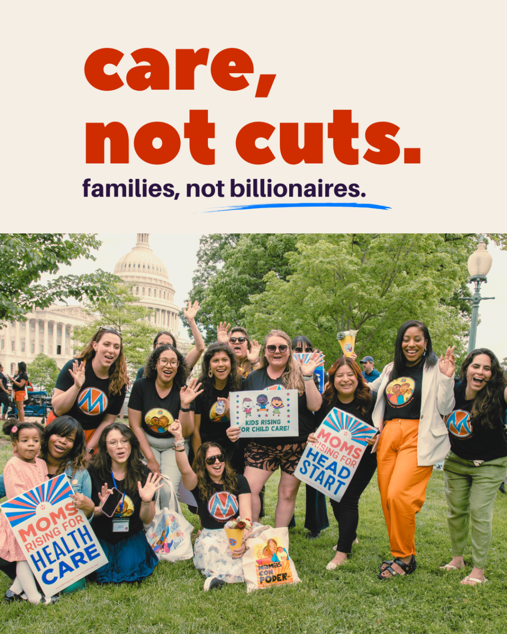 Moms stand in front of the Capitol holding signs in support of health care