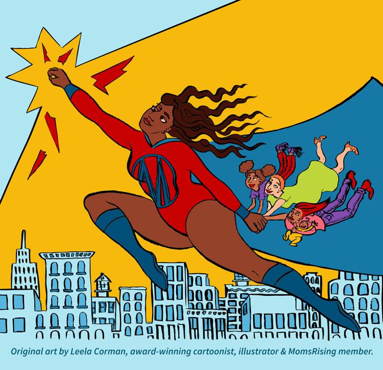 cartoon superhero mom flying to the stars