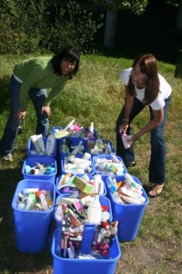 bin after bin of discarded toxic personal care products